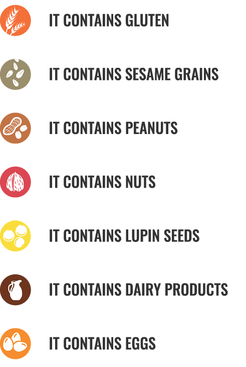  IT CONTAINS GLUTEN  IT CONTAINS SESAME GRAINS   IT CONTAINS PEANUTS   IT CONTAINS NUTS   IT CONTAINS LUPIN SEEDS   ...