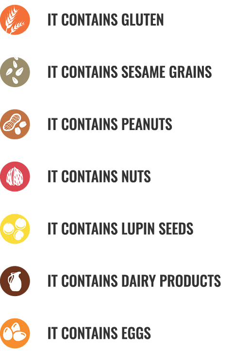 IT CONTAINS GLUTEN  IT CONTAINS SESAME GRAINS   IT CONTAINS PEANUTS   IT CONTAINS NUTS   IT CONTAINS LUPIN SEEDS   ...