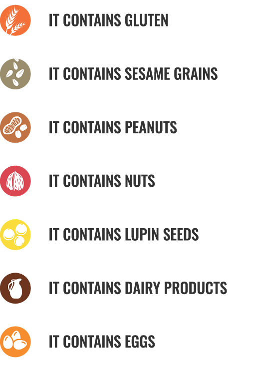  IT CONTAINS GLUTEN  IT CONTAINS SESAME GRAINS   IT CONTAINS PEANUTS   IT CONTAINS NUTS   IT CONTAINS LUPIN SEEDS   ...